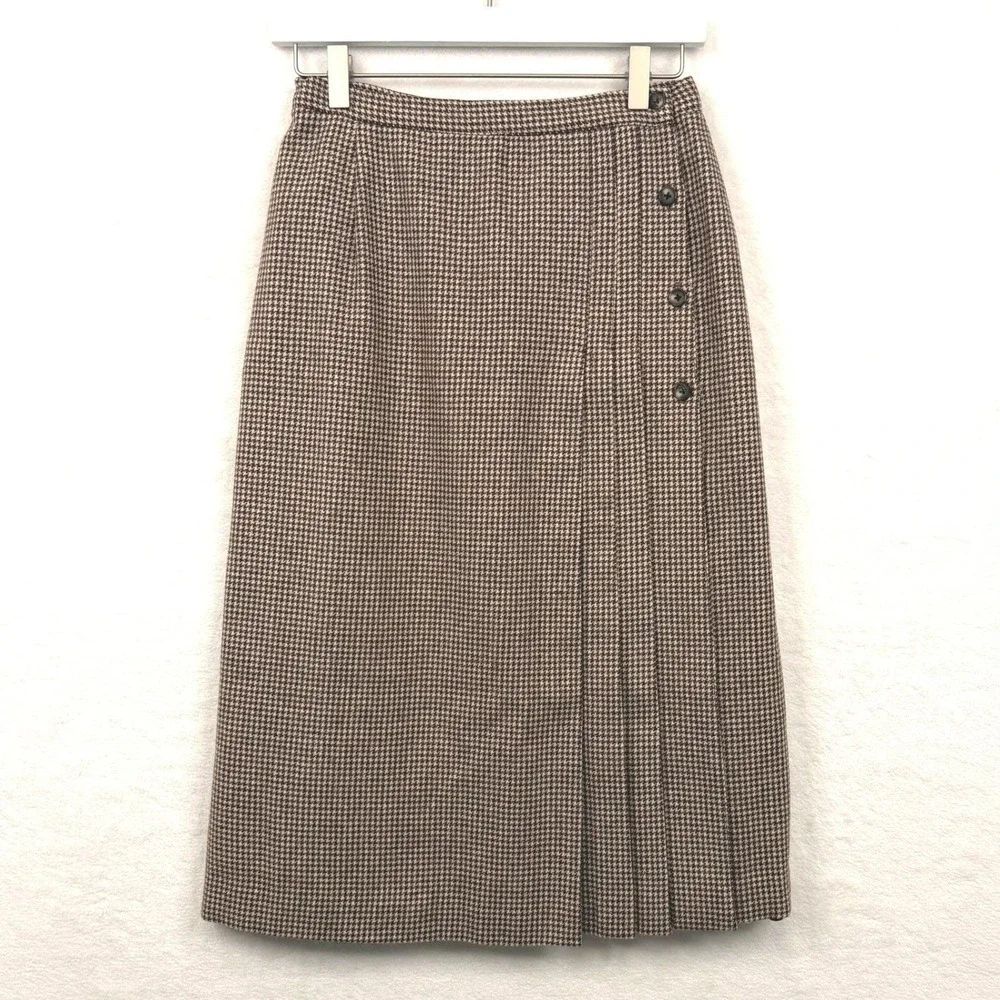 VTG 70s Houndstooth‎ Wool Blend Heavyweight Pleated Midi Skirt Brown Sz XS